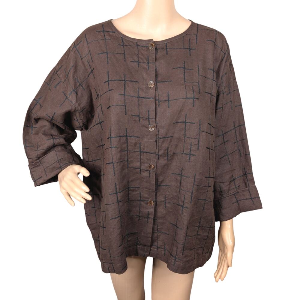 Chico's Sashiko Embroidered Linen Top XL | Brown Art To Wear Artsy Lagenlook